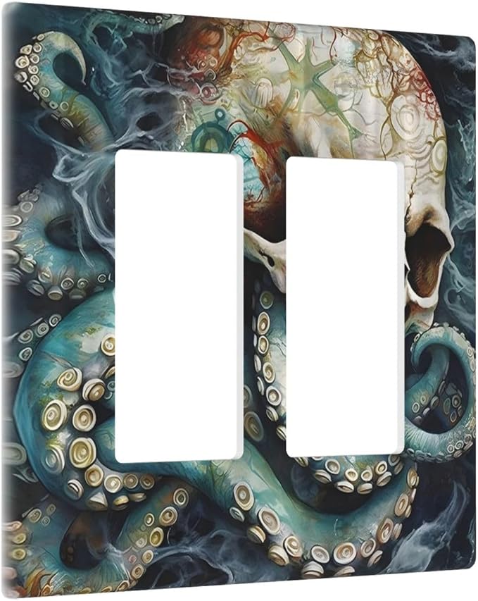 Horror Octopus Skull Marine Life Kraken Tentacle 2 Gang Rocker Decora Light Switch Covers Decorative unique Dual Outlet Covers Wall Plate Electrical Faceplate Switchplate GFCI for Bathroom Decor - skull plate