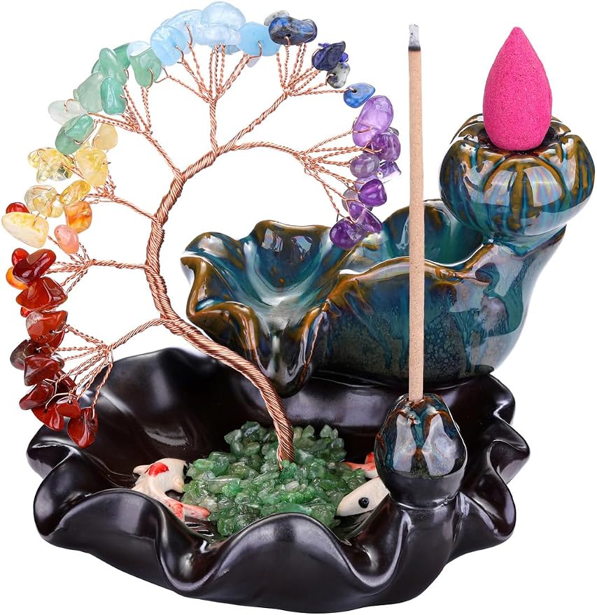 Jovivi Backflow Incense Burner Ceramic Incense Waterfall,7 Chakra Stones Healing Crystal Money Tree Incense Holder for Wealth, Good Luck, Yoga Meditation, Home Decor - skull incense burner