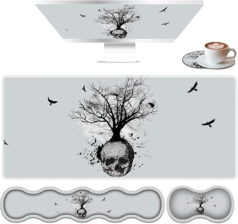 Large Mouse Pad Set, Desktop Mouse Pad + Keyboard Wrist Pad + Mouse Wrist Pad + Coaster, Ergonomic Memory Foam Multi-Functional Desk Mat - Black and White Skull Head Tree - skull coaster