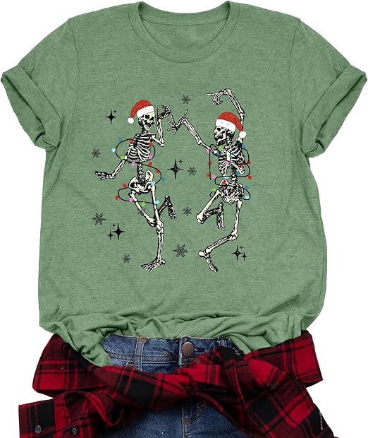 Dancing Skeleton Shirt for Women Christmas T-Shirt Xmas Graphic Tees - skeleton
