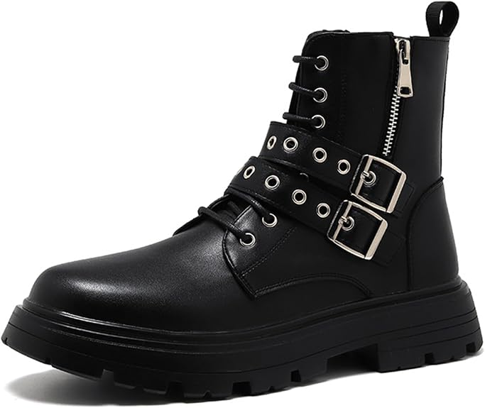 Men's Black Leather Platform Ankle Boots Lace up Side Zip Adjustable Buckle Lug sole Non-Slip Combat Booties Fashion Punk Motorcycle Boots - sugar skull costume