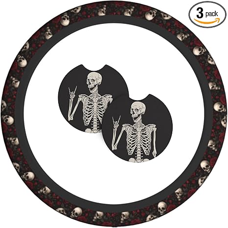 Skull Rose Steering Wheel Cover with 2 Car Coasters Non Slip Neoprene for Women Men Universal 15 Inch - skull coaster