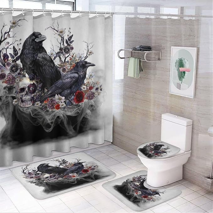 Minimalist Vintage Gothic Raven 4 Pcs Waterproof Shower Curtain Set,Rustic Spring Misty Forest Wildlife Floral Tree Skull with Waterproof Toilet Cover Shower Mat Rugs - skull toilet mat