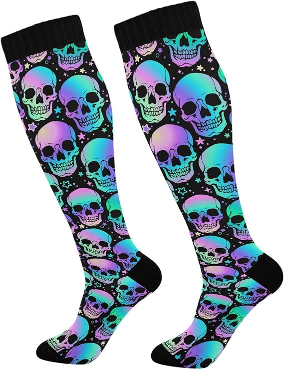 1 Pair Halloween Bright Skulls Compression Socks 20-30mmHg Knee High Women Socks Tube Athletic Stockings for Men Sport Soccer Running Cycling Medical Nurse Winter Travel - sugar skull costume
