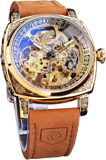FORSINING Watches for Man, Square Retro Mechanical Watch Self-Wind Carved, Skeleton Automatic Watches Vintage Leather Strap Wristwatch - skull watch