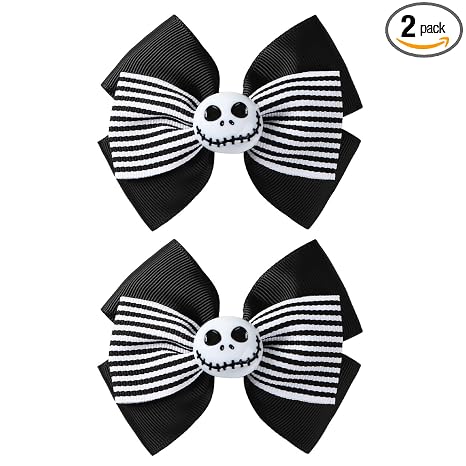Nuolich 2PC Ghost Skull Hair Bow Clips Black White Stripe Hair Accessories - skeleton
