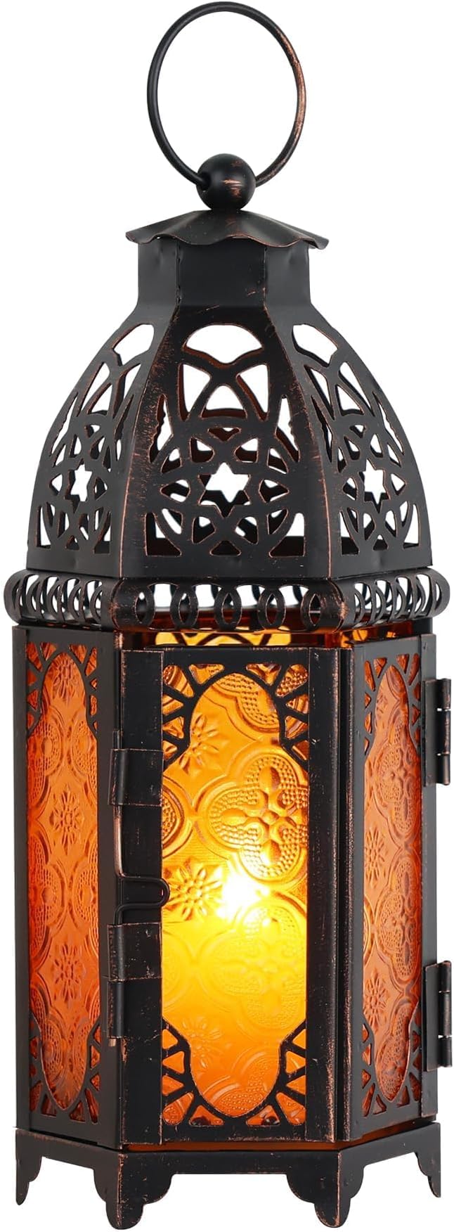 Ramadan Lanterns Decorative Indoor & Outdoor, 11’’ Medium Size Vintage Metal Hanging&Tabletop Candle Holder Decor, Halloween Christmas Moroccan Decorations for Home Porch Patio (Amber)