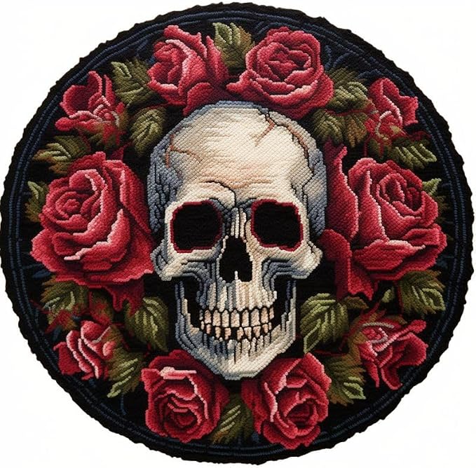 Red Rose Skull Latch Hook Rug Kits Latch Hook kit Cushion Blanket Embroidery Craft Kits for Beginner DIY Latch Hook Carpet Rug Kit with Printed Canvas Hobby & Craft 60x60cm(i121) - skull carpet