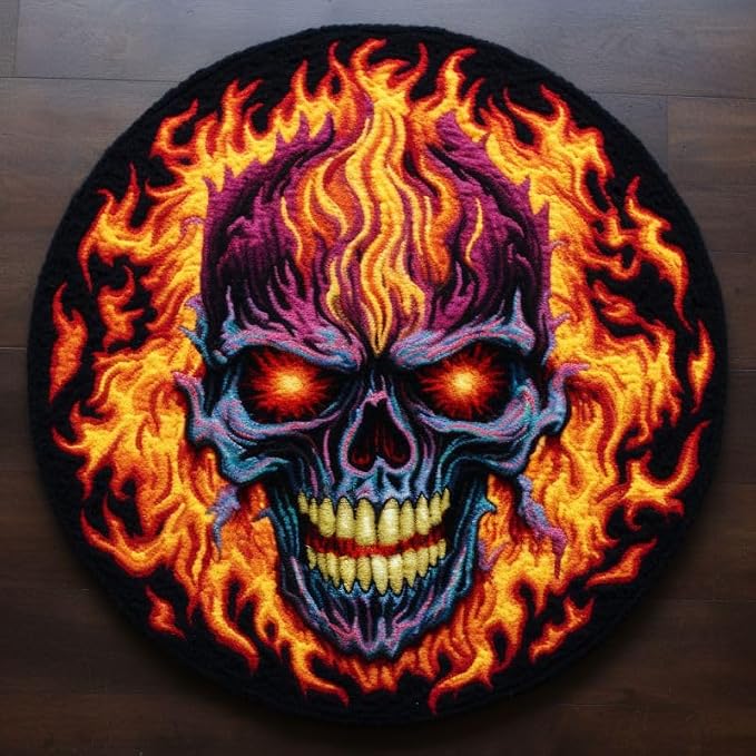 Fire Skull Latch Hook Rug Kits Latch Hook kit Cushion Blanket Embroidery Craft Kits for Beginner DIY Latch Hook Carpet Rug Kit with Printed Canvas Hobby & Craft 60x60cm(i63) - skull carpet