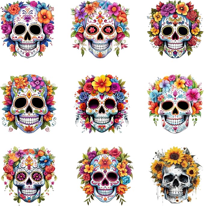 9pcs Sugar Flowers Skull Punk Patches for Clothes Heat Transfer Thermal Stickers DIY T Shirt Iron On for Women Fashion Appliqued - skull sticker