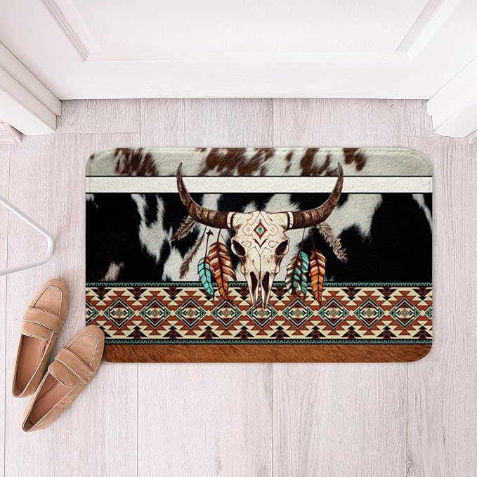 Homewish Bull Skull Bathroom Rug,Brown Black White Cow Fur Patchwork Shaggy Absorbent Floor Mat,Western Aztec Tribal Non Slip Bath Mat Boys Adult Vintage Rustic Bath Indoor Doormat Decor,20"x32" - skull floor mat