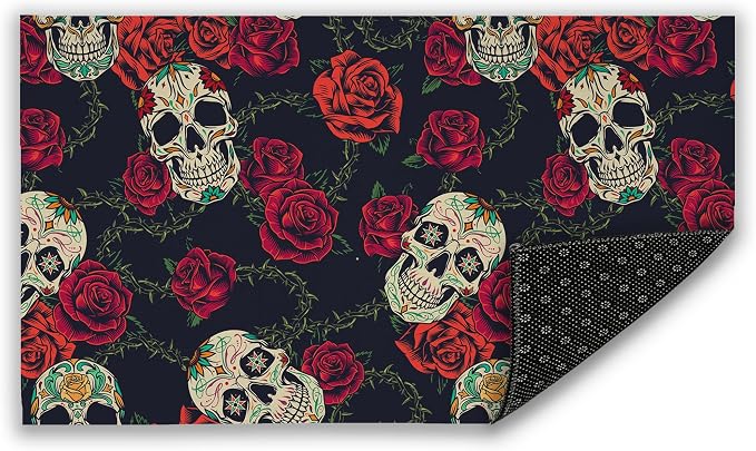 Vintage Blooming Roses Skulls Front Door Mat, Colorful Tattoos Indoor Outdoor Decor Entrance Inside Non-Slip, Waterproof Kitchen Mat and Interior Home Washable Door Mat, 17"×30” - skull door mat