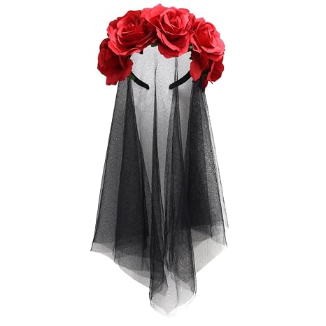 NODG Day of the Dead Headband, Retro mesh carnival head button, Halloween day rose flower party hair accessories headband black female - skull headband
