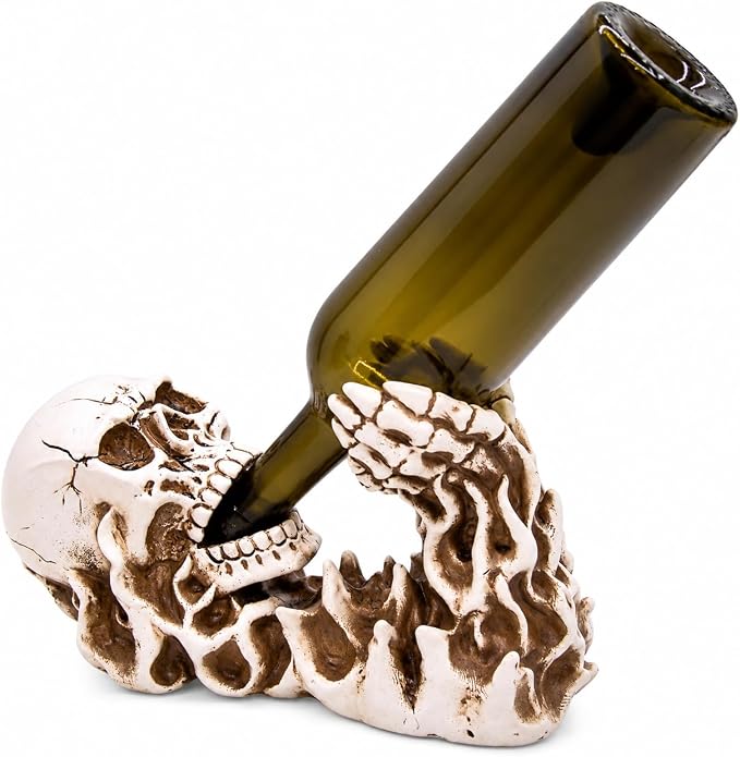 Wowser Gothic Skeleton Wine Bottle Holder – Skull Wine Rack with Skeleton Hands, Creepy Halloween Bar Decor, Gothic Kitchen Countertop Display, Unique Gift for Wine Lovers, 10 Inch - skull bottle