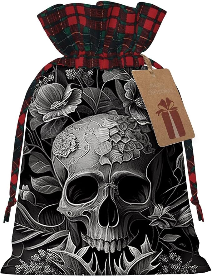 Yioniii Skull and Flowers pattern Christmas Gift Bags Santa Sack with Drawstring, String Backpacks for Gifts Treat and Candy，Light Gray,size M - string light