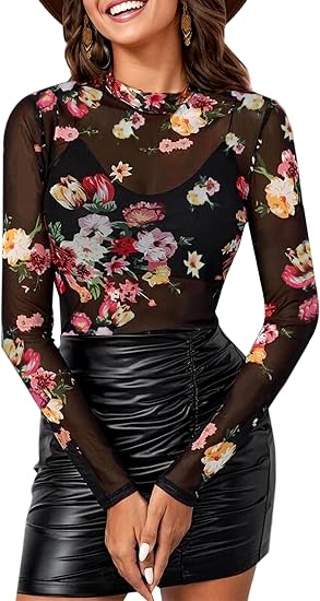 BemorRun Floral Mesh Long Sleeve Tops for Women Mock Neck See Through Fitted Sexy Going Out Top - skull tank tops