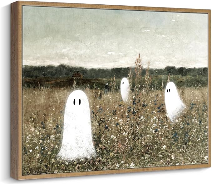 Pinetree Art Cute Ghost Wall Decor, Framed Halloween Canvas Wall Art, Vintage Ghosts in Wildflower Meadow Painting, Cozy Spooky Fall Decor for Living Room Bedroom, 12x16 Inch - skull wall art