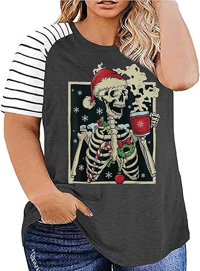 Plus Size Merry Christmas T-Shirt Women Xmas Buffalo Plaid Tree Shirt Tops Short Sleeve Casual Graphic Tee Shirts - skeleton