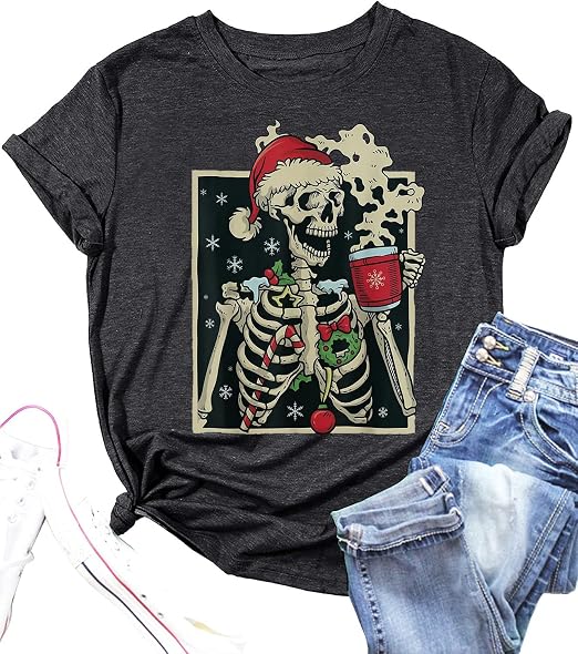 Dead Inside Skeleton Christmas Shirt Women Novelty Skull Coffee Graphic Tee Tops Coffee Lover Xmas Gift Tshirt - skull tshirt