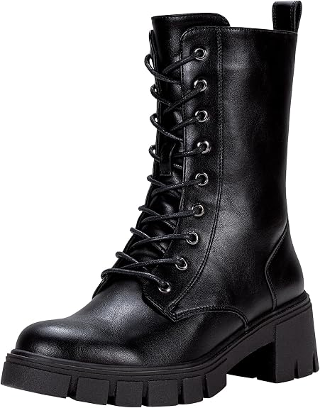 Vepose Women's Mid Calf Combat Lace Up Chunky Platform Boots - sugar skull costume