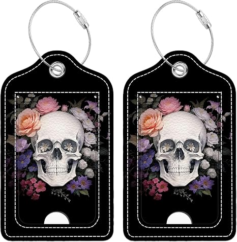 Sugar Skull Flower Luggage Tags for Suitcase, 2 Pcs Leather Travel Baggage Tag with Full Privacy Cover Stainless Steel Loop and Address Card for Women Men Travel - skull suitcase