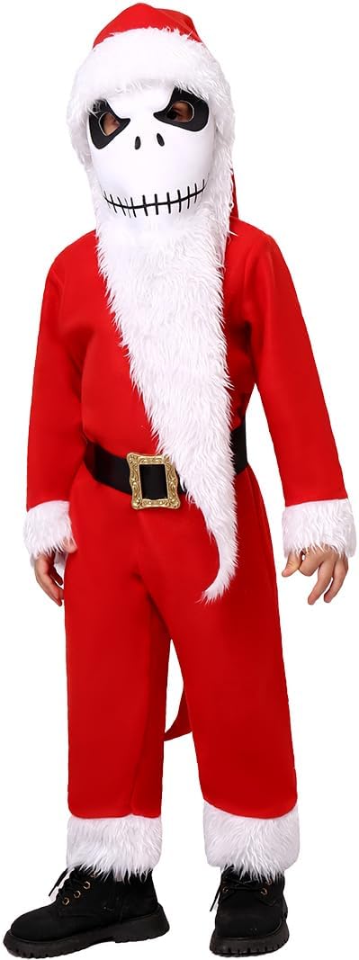 Skeleton Costume for Kids Nightmare Christmas Santa Costume Jumpsuit with Latex Mask Hat Belt Cosplay Outfits - skeleton