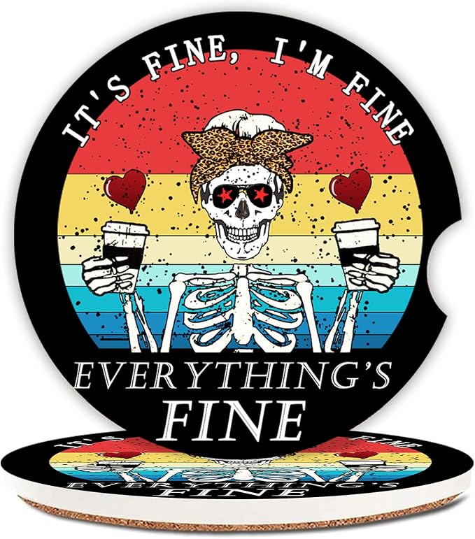 Funny Skull with Coffee Ceramic Cup Holders Car Coasters Set for Women/Men,2.56" 2 Pack for Absorbent Cup Car Holders, Coasters with A Finger Notch - skull coaster