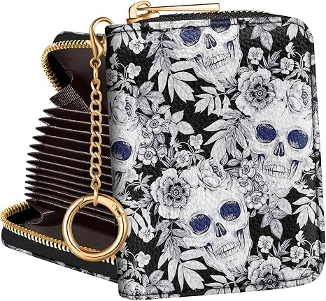 Bistup Small 14 Slots RFID Credit Card Holder Wallet for Women, Skull Floral - skull wallet