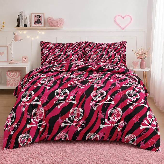 Pamnest Comforter Set Queen Size, Zebra Skull Rock Soft 3 Pcs Bedding for Kids and Adults, Animal Roll Pink Comforter Set with 2 Pillowcases, for Bedroom Bed Decor - skull bedding