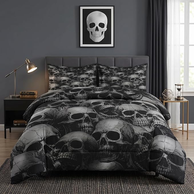 Pamnest Comforter Set Full Size, Skull Skeleton Soft 3 Pcs Bedding for Kids and Adults, Spooky Horror Gothic Comforter Set with 2 Pillowcases, for Bedroom Bed Decor - skull bedding