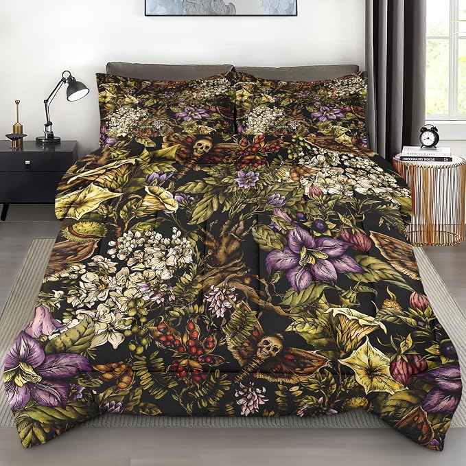 Pamnest Comforter Set Full Size, Vintage Flower Plants Soft 3 Pcs Bedding for Kids and Adults, Skull Moth Witch Comforter Set with 2 Pillowcases, for Bedroom Bed Decor - skull bedding