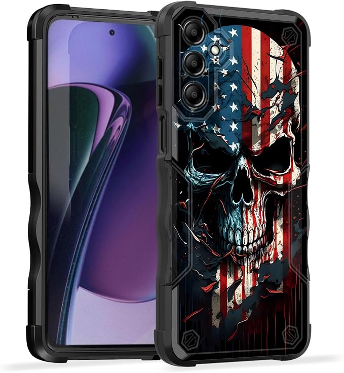 for Galaxy S23 FE Case,[Dual Layer][10 FT Military Grade Drop Protection] [Non-Slip] Heavy Duty Shockproof Case for Samsung Galaxy S23 FE 6.4 Inch 2023,Skull American Flag - Skull phone case