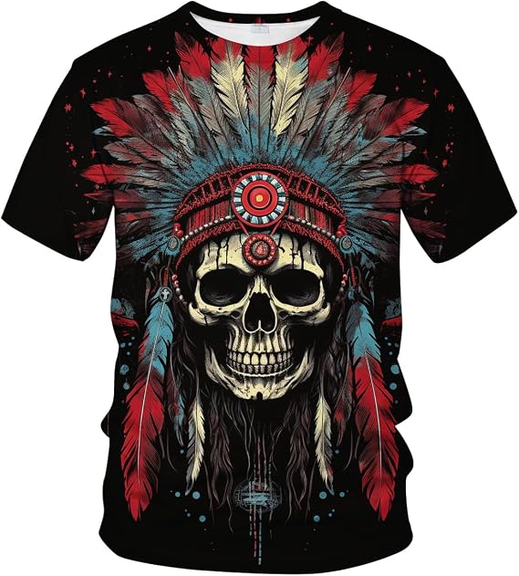 Native American Indian Chief Skull Headdress T-Shirt Hip Hop Cool Summer Short Sleeve Shirt Top - skull tshirt