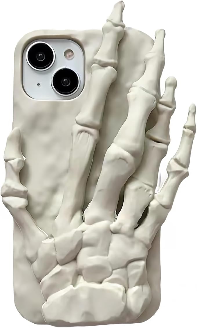 GCACE 3D Horror Skull Hand Phone Case for iPhone 15, Cool Funny Halloween Ugliest Phone Cover with Skull Hand Hold Stand for Men Women Girls