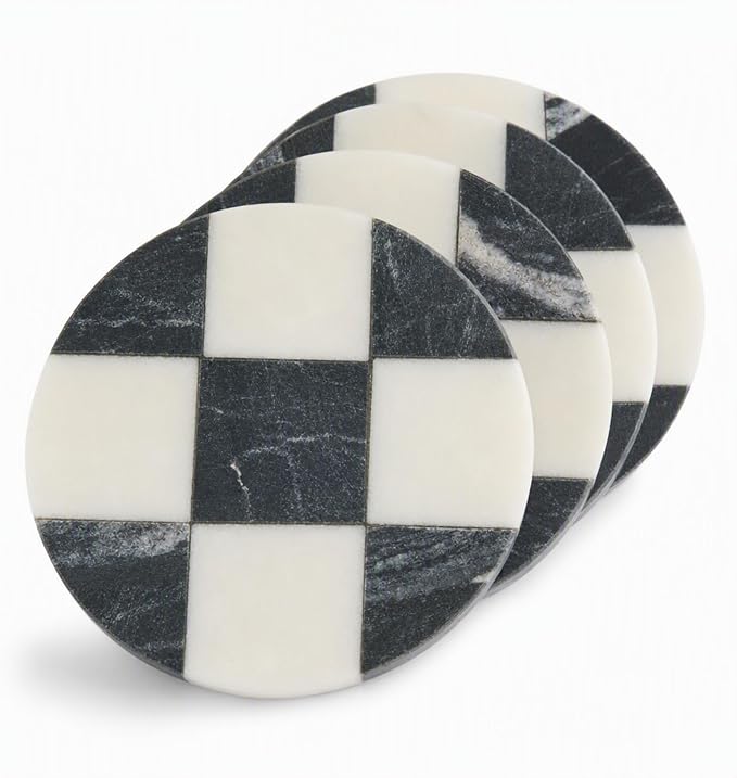 Mud Pie Checkered Coaster Set, Modern Black and White Coasters, 4 Inch - skull coaster