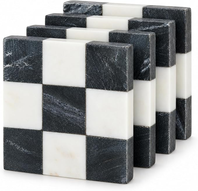 Mud Pie Checkered Coasters Set of 4, Black and White Marble Square Coasters - skull coaster