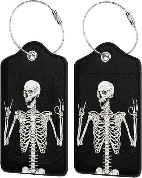 Skull Rock Roll 2 Pack Luggage Tag for suitcases skeleton Travel PU Cute Leather Luggage Tag Name ID Labels with Privacy Cover Suitcases Women Men Girls Boys Fun Laggage Tags (skeleton) - skull suitcase