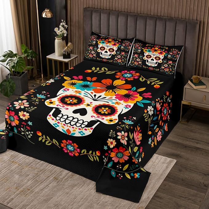 Sugar Skull Bedspread Queen Size,Colorful Vintage Floral Bedding Set Hippie Mexico Style Comforter Set for Kids Girls Boys Teens Room Decor,Gothic Skeleton Pattern Quilt Set,2 Pillowcases - skull carpet