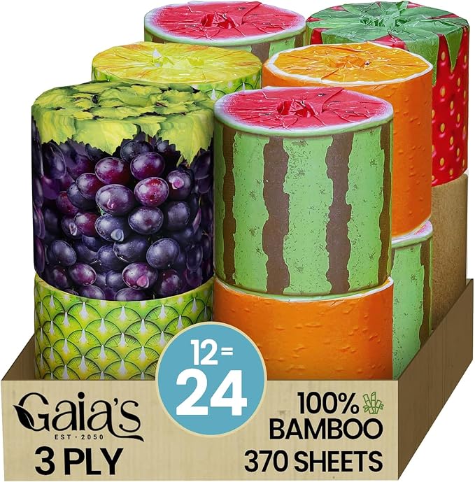 Gaias Premium and Soft Fruit TP Organic Bamboo Toilet Paper | 12 Mega Rolls, 3 Ply, 370 Sheets | FSC Certified, PFAS & BPA Free, Eco-Friendly, Sustainable Tissue - Plastic Free, Septic Safe, Vegan - skull toilet paper