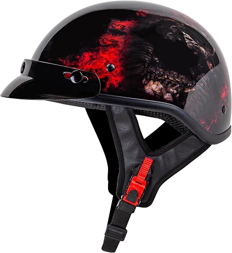 CARTMAN Half Helmet Medium, DOT Approved Red Skull Graphics for Adult - skull helmet