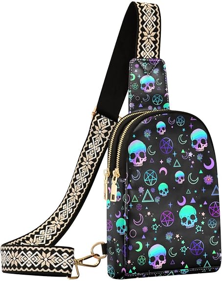 Crossbody Sling Bag for Women Leather Shoulder Chest Bag - skull suitcase