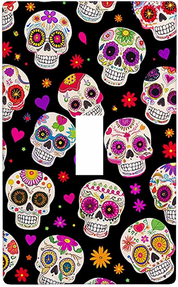 Moslion Halloween Sugar Skull Single Toggle Wall Plate Flower Skeleton Day Of The Dead Light Switch Outlet Cover Plug Decor Home Office Living Room - skull plate