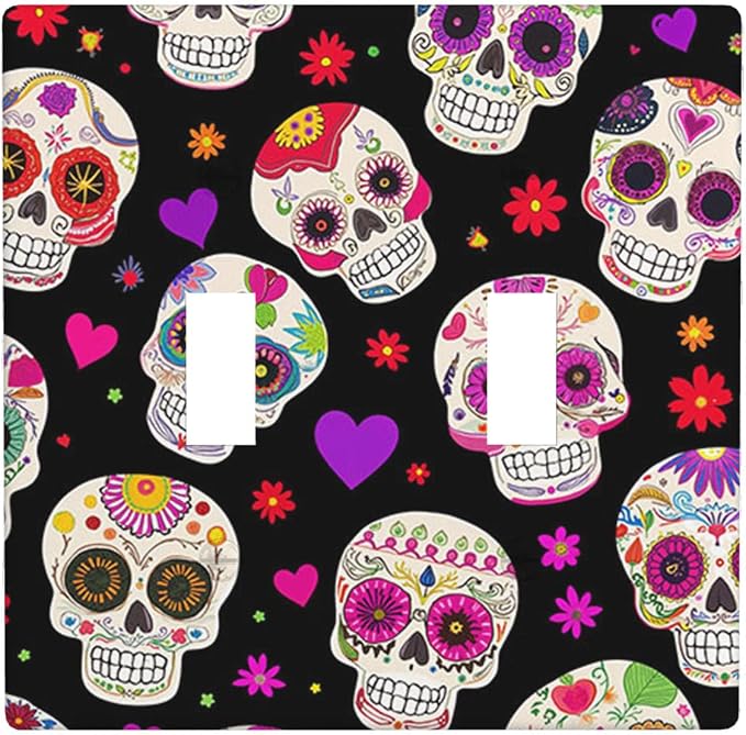 Moslion Halloween Sugar Skull 2-Gang Toggle Wall Plate Flower Skeleton Day Of The Dead Light Switch Covers For Hotel Office Restaurant - skull plate