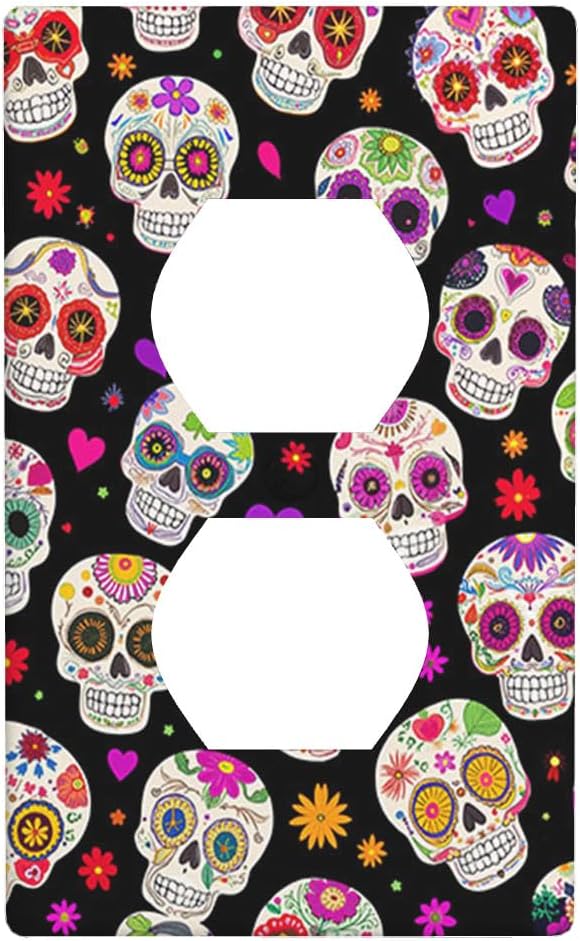 Moslion Halloween Sugar Skull Wall Plate Outlet Cover Flower Skeleton Day Of The Dead Duplex Switch Covers 1-Gang Standard Size Home Kitchen Plug Receptacle - skull plate