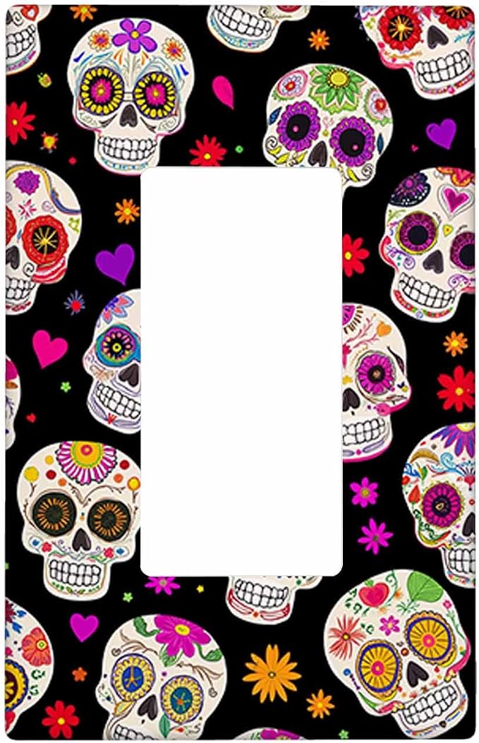 Moslion Halloween Sugar Skull Single Rocker Wall Plate Flower Skeleton Day Of The Dead 1-Gang Outlet Light Switch Covers Receptacle Bedroom Bathroom Home Decor - skull plate