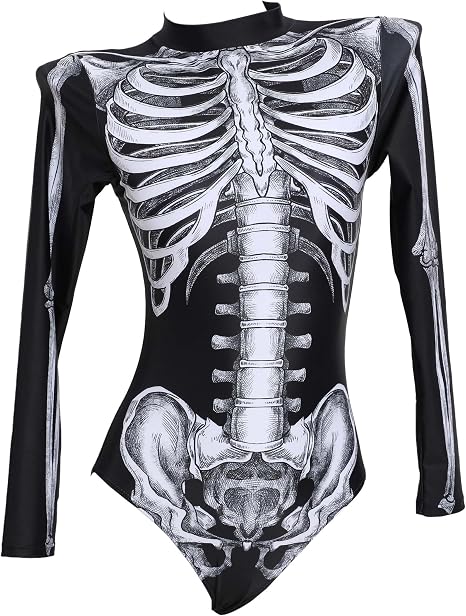 haikyuu Women Skeleton One Piece Swimsuit Long Sleeve Skull Bodysuit Swimwear Goth Gothic Bathing Suit - skull swimsuit