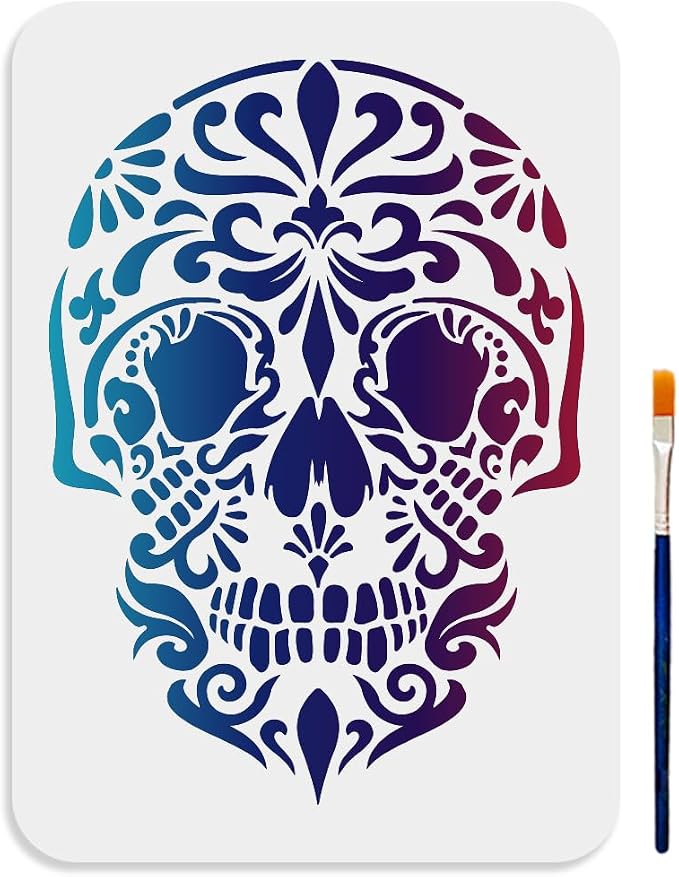 MAYJOYDIY Mandala Skull Stencil 11.7×8.3inch Large Floral Skull Stencils Reusable DIY Decorative Scary Skeleton Drawing Template with Paint Brush for Halloween Art Crafts Furniture Canvas Wall Wood - skull painting