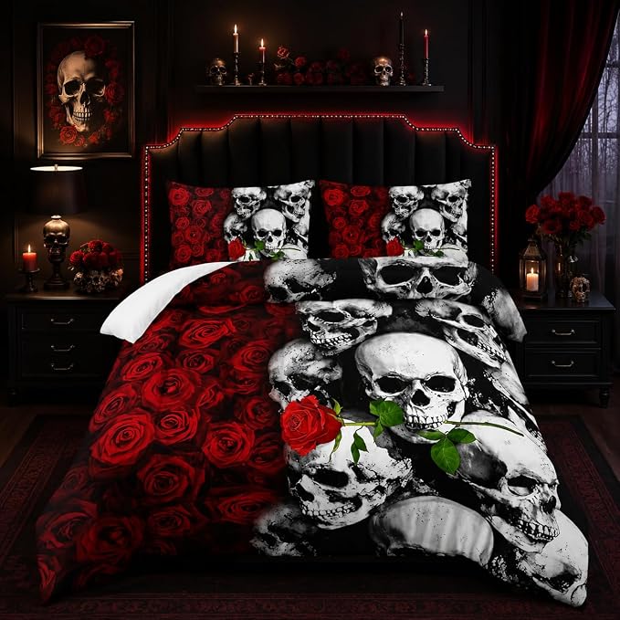 Skull Bedding Set Queen Size,Goth Bedding Sets Queen with Comforter,Skull Comforter Set,Rose Comforter Halloween Skull Bed Comforter,Red Black Bedding Skull Quilt