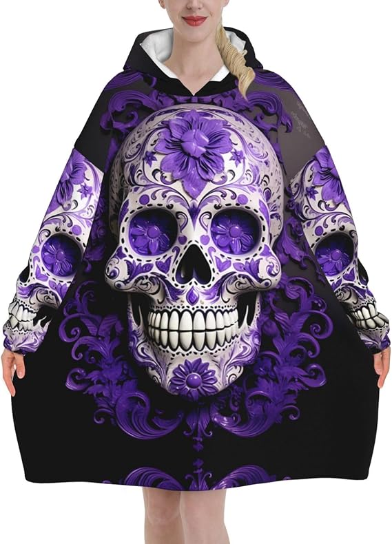 Purple Floser And Sugar Horror Skull Print Blanket Hoodie Wearable Blanket Hoodie For Adults With Pockets For Women - skull hoodie