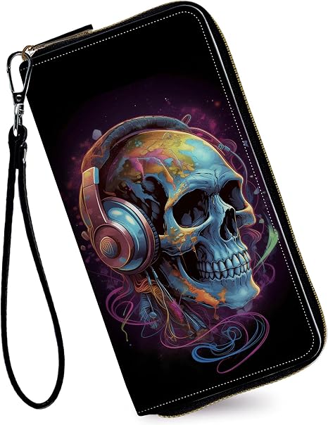 Women's Wallets,Credit Card Holder Money Leather Long Wallet with Wristlet,Large Capacity with Zip-Around Phone Purse for Women Ladies Girls,Skull with Headphones - sugar skull handbags for sale